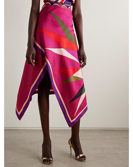 Emilio Pucci Pink Asymmetric Printed Silk-Twill Maxi Skirt