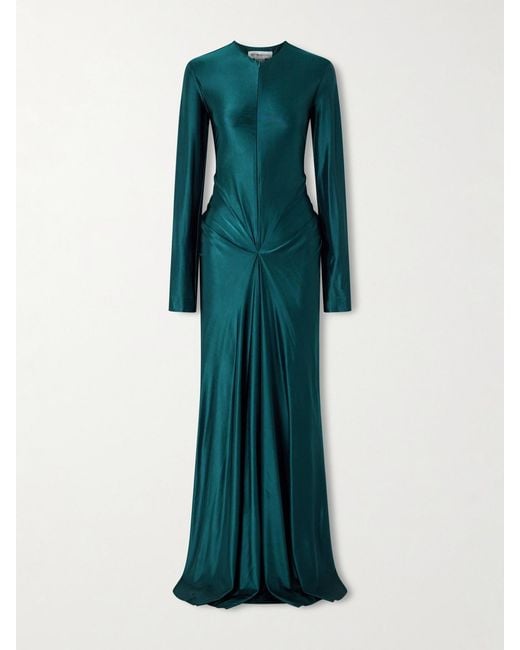 Victoria Beckham Green Gathered Satin Gown