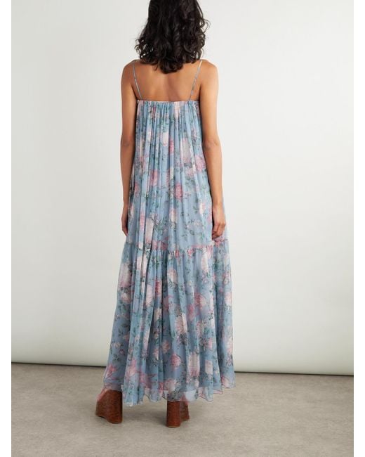 Chloé Blue Maxikleid Aus Seide Mit Blumenprint Und Raffungen