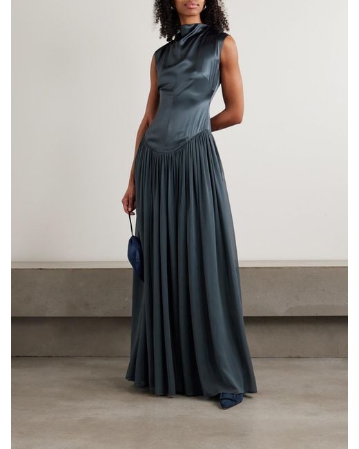 TOVE Blue Sabi Gathered Silk-Satin And -Chiffon Gown