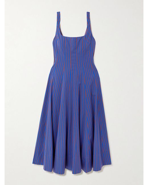 Staud Blue Wells Pleated Striped Cotton-Blend Poplin Midi Dress