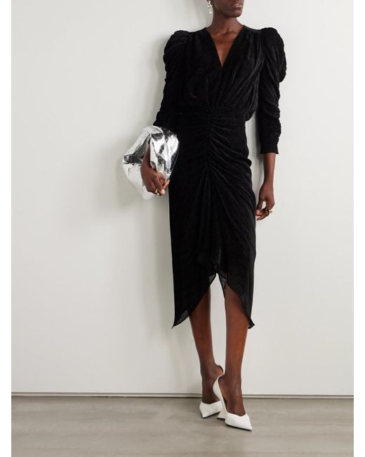 Isabel Marant Black Nemil Gathered Devoré-Chiffon Silk-Blend Midi Dress