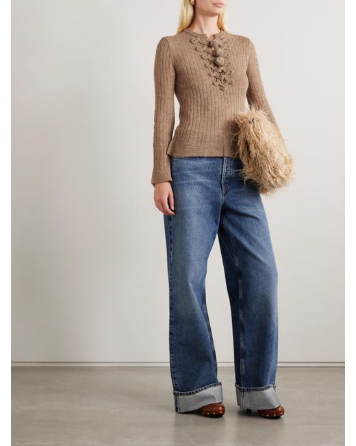 Ulla Johnson Natural Magda Pompom-Detailed Ribbed Alpaca-Blend Sweater