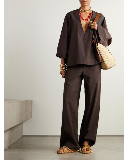 The Attico Brown Embroidered Cotton-Blend Poplin Wide-Leg Pants