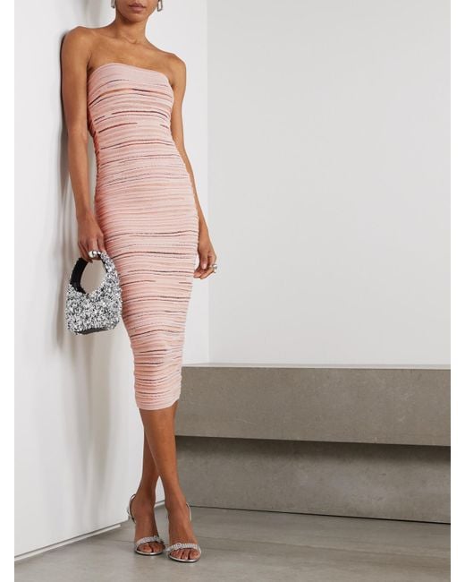 Balmain Pink Knitted Strapless Midi Dress