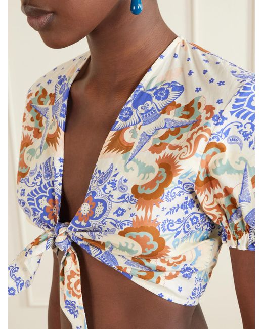 Emporio Sirenuse White Poppy Knotted Printed Cotton-Poplin Cropped Top