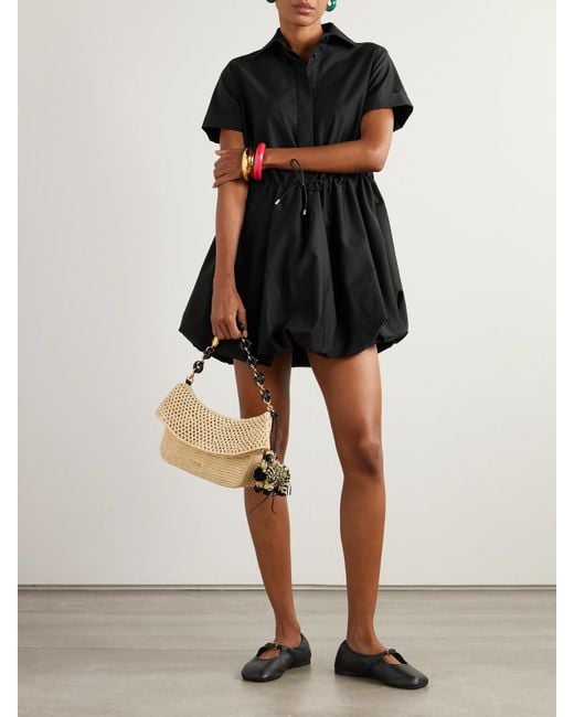 Loewe Black Mini-Hemdblusenkleid Aus Popeline Aus Einer Baumwoll-Seidenmischung Mit Lederbesatz Und Raffungen