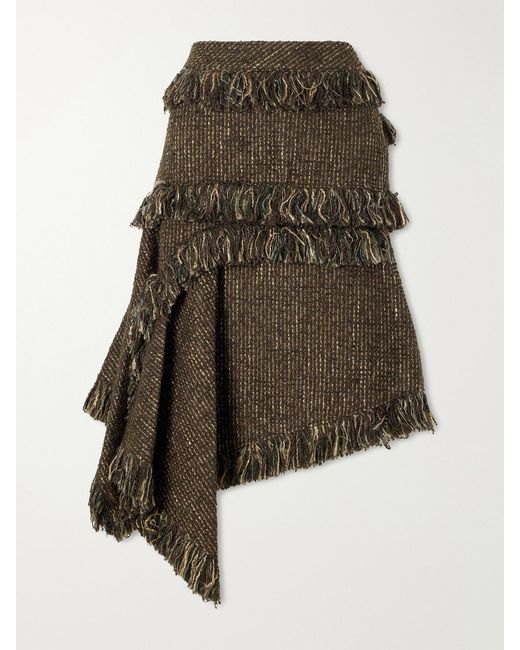 Sacai Brown Fringed Wool-Blend Tweed Midi Skirt