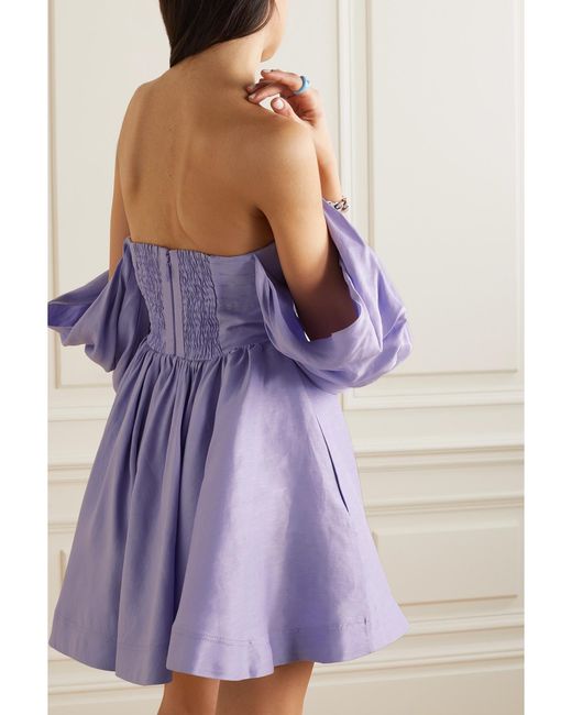 Mini-Robe Épaules Nues En Lin Mélangé À Plis Zorina Aje. en coloris Purple