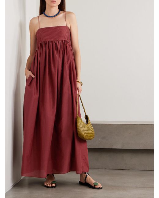 Matteau Red Pintucked Organic Cotton And Silk-Blend Maxi Dress