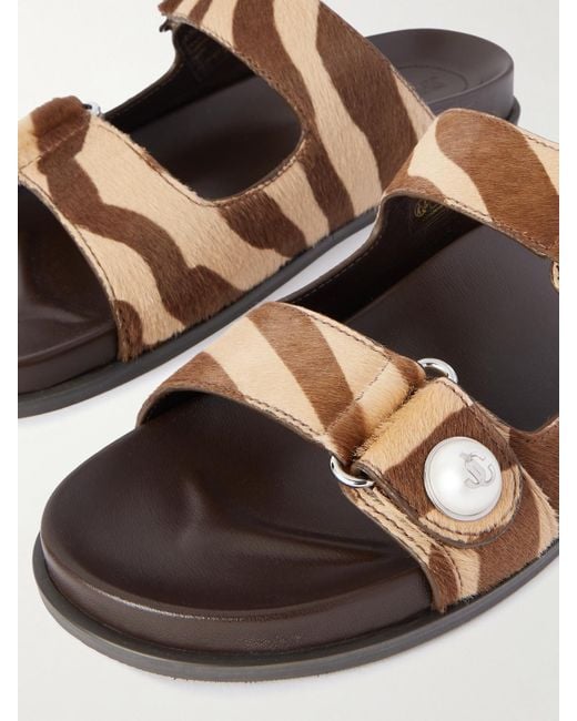 Jimmy Choo White Faux Pearl-Embellished Zebra-Print Calf Hair Sandals