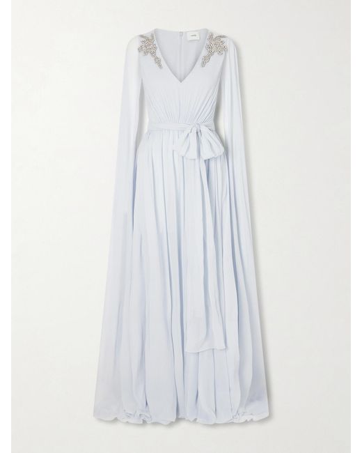 Erdem White Belted Cape-Effect Crystal-Embroidered Silk-Crepon Gown