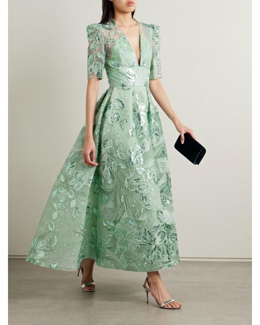 elie saab green sequin dress Elie Saab Sequin-embellished Embroidered Tulle Midi Dress in Green