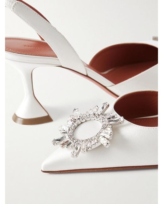 AMINA MUADDI White Begum Swarovski Crystal-Embellished Satin Slingback Pumps