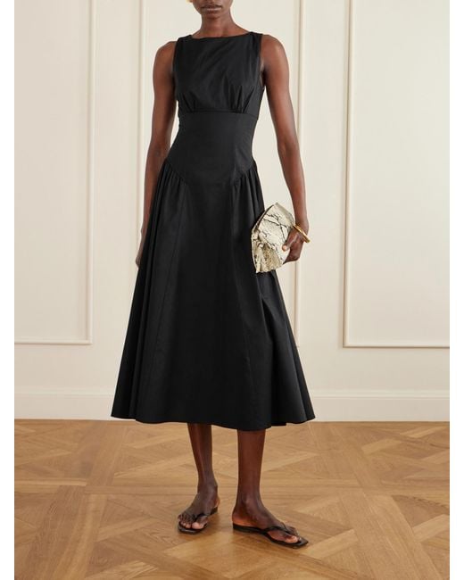 Staud Black Gwen Paneled Pleated Cotton-Blend Poplin Midi Dress