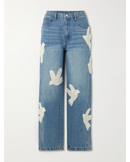 Sea Blue Payton Crochet-Trimmed High-Rise Wide-Leg Jeans