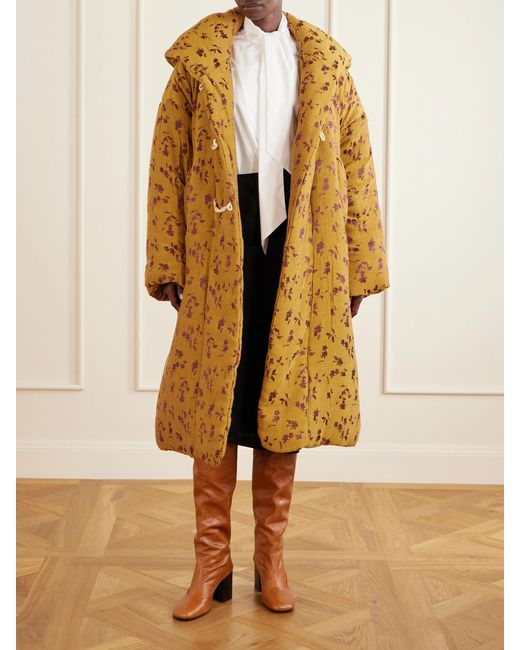 Dries Van Noten Yellow Hooded Padded Floral-Jacquard Long Jacket