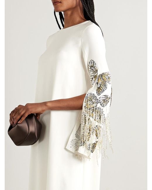 Oscar de la Renta White Embroidered Embellished Silk-Blend Crepe Gown