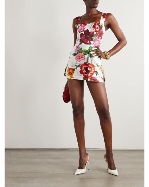 Dolce & Gabbana Red Floral-Print Cotton-Poplin Mini Dress