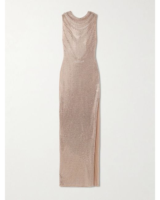 Self-Portrait Natural Cutout Draped Crystal-Embellished Mesh Gown