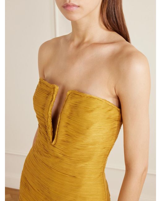 Marmar Halim Yellow Cape-Effect Plissé Satin Gown