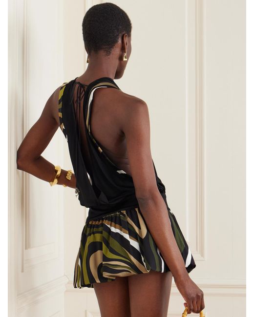Emilio Pucci Black Open-Back Gathered Printed Stretch-Satin Jersey Mini Dress