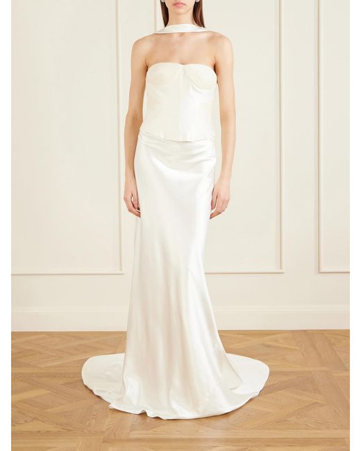 Danielle Frankel White Viola Gathered Draped Tulle-Trimmed Wool And Silk-Blend Twill Top
