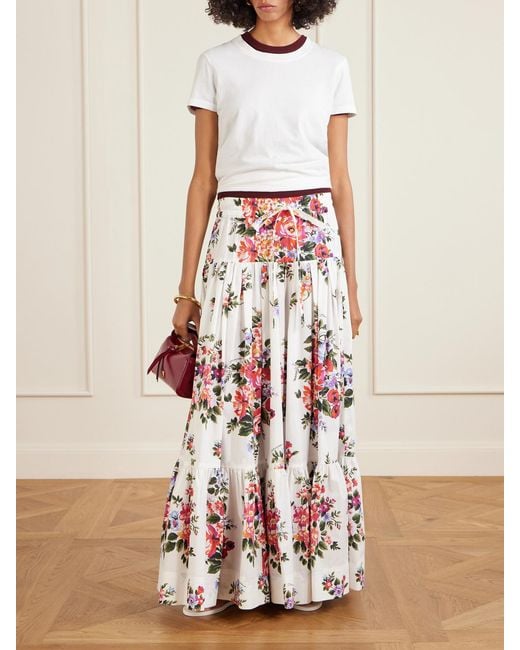 Dolce & Gabbana White Pleated Tiered Floral-Print Cotton-Poplin Midi Skirt