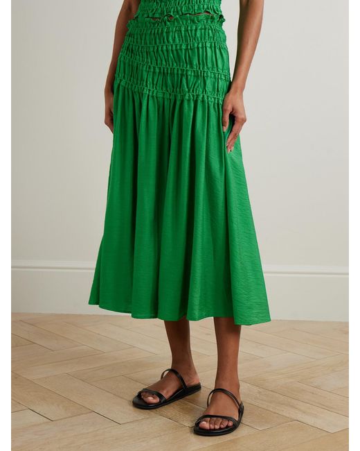 Tory Burch Green Ruffled Smocked Lyocell-Blend Midi Skirt