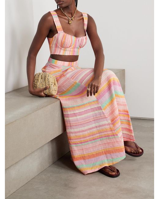 Emporio Sirenuse Pink Dalia Bustier Aus Gestreiftem Leinen Mit Biesen Und Fransen