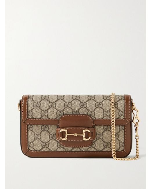 Gucci Brown Horsebit 1955 Embellished Leather-Trimmed Coated-Canvas Shoulder Bag