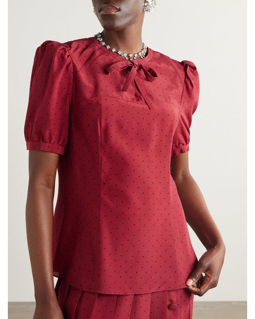 Alessandra Rich Red Bow-Detailed Polka-Dot Silk-Crepe Blouse
