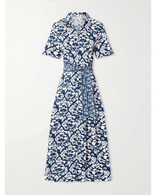 Emporio Sirenuse Blue Claudia Belted Pleated Floral-Print Cotton Midi Dress