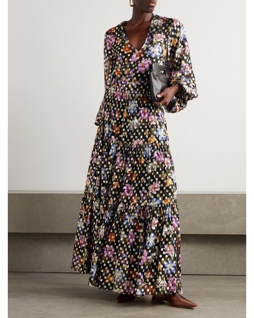 Borgo De Nor Black Stellan Floral-Print Metallic Fil Coupé Chiffon Blouse
