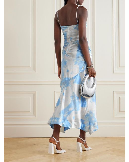 Ganni Blue Ruched Asymmetric Printed Recycled-Satin Midi Dress