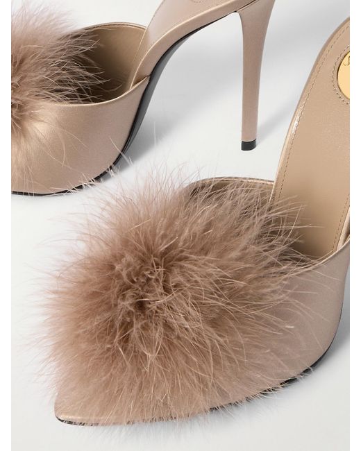 Saint Laurent Natural Goldie Mules Aus Satin Mit Federn