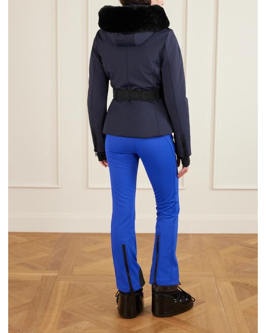 Goldbergh Blue Hida Hooded Belted Plush-Trimmed Padded Down Ski Jacket