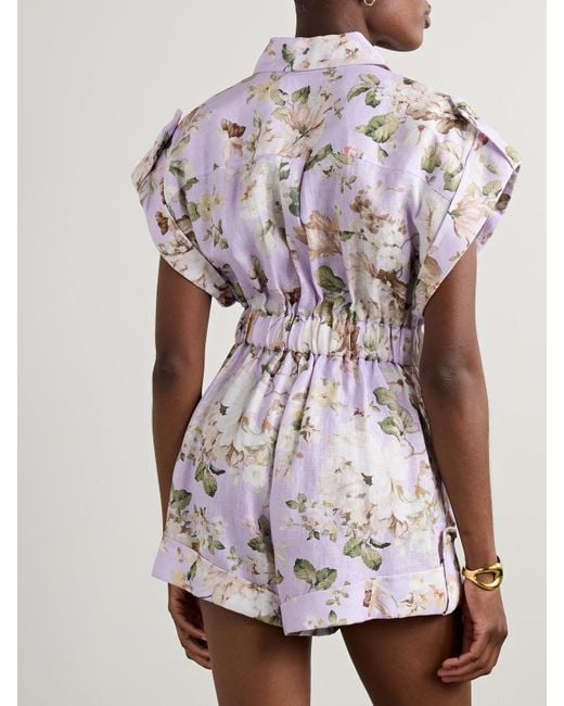 Zimmermann Purple Acacia Playsuit Aus Leinen Mit Blumenprint Und Bindegürtel