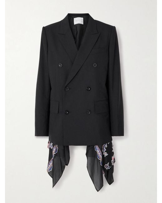 Blazer À Double Boutonnage En Grain De Poudre À Finitions En Voile À Imprimé Cachemire Sacai en coloris Black
