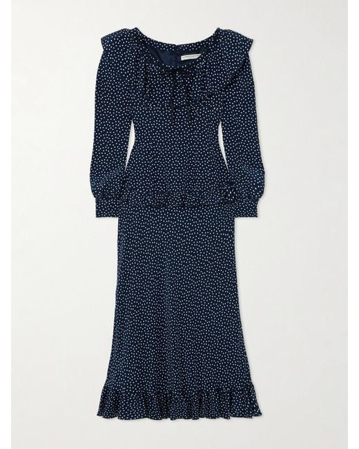 Alessandra Rich Blue Ruffled Polka-Dot Silk Crepe De Chine Midi Dress