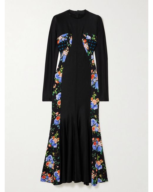 Rabanne Black Paneled Printed Satin-Jersey Maxi Dress