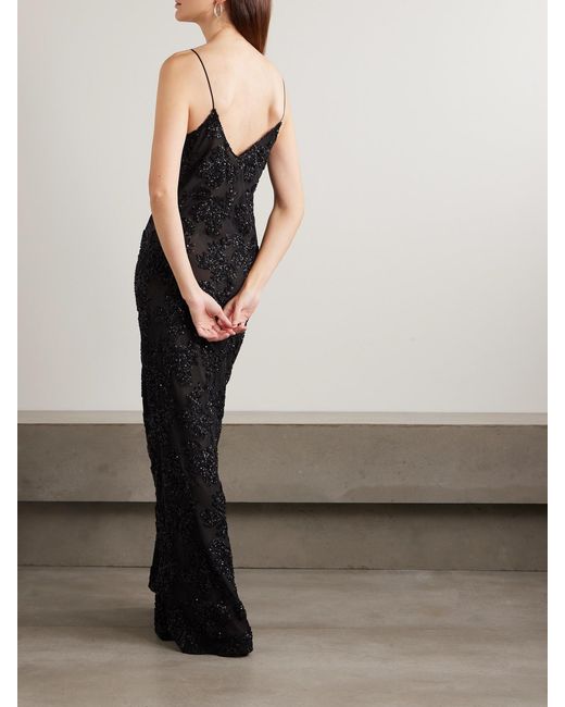 Rodarte Black Appliquéd Sequin-Embellished Silk-Trimmed Voile Gown