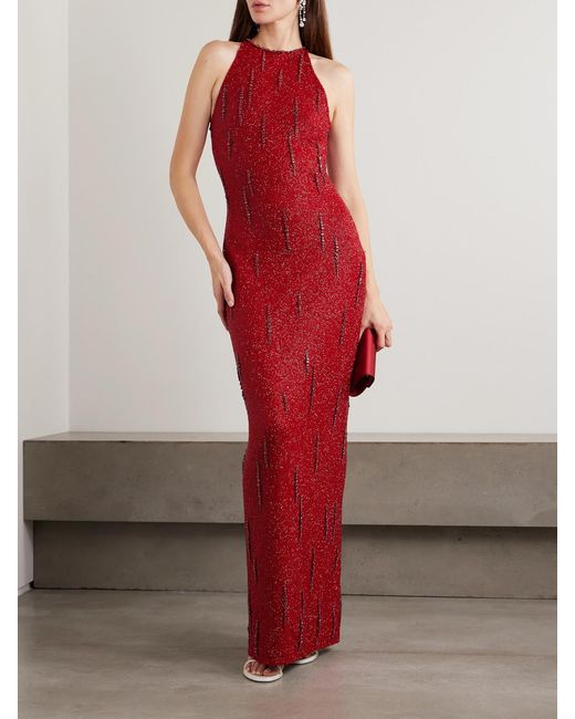 Clio Peppiatt Red Mimosa Embellished Stretch-Mesh Gown