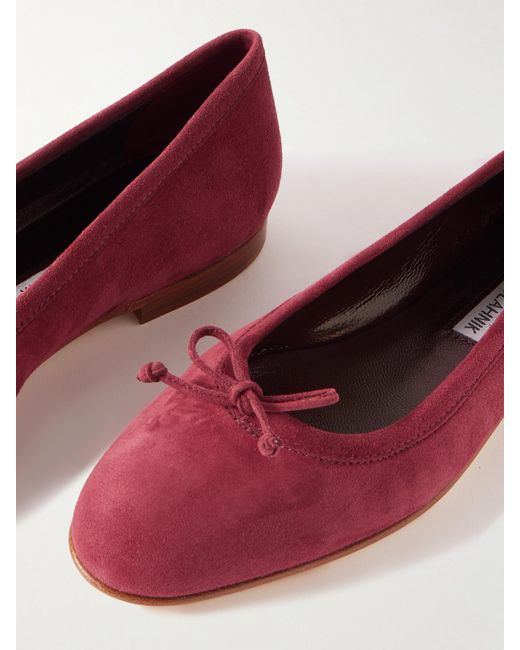 Manolo Blahnik Red Veralli Bow-Detailed Suede Ballet Flats
