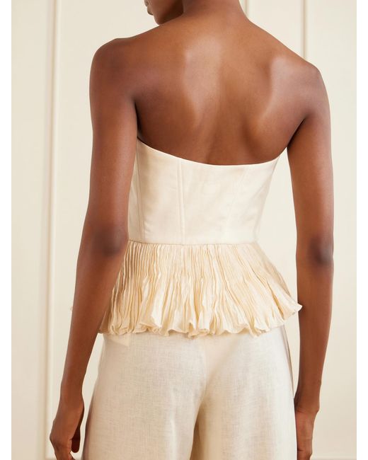ANDRES OTALORA Natural Imara Strapless Appliquéd Pleated Linen Top