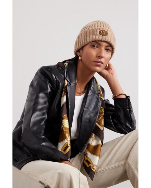 Gucci Natural Victor Appliquéd Ribbed Wool And Cashmere-Blend Beanie