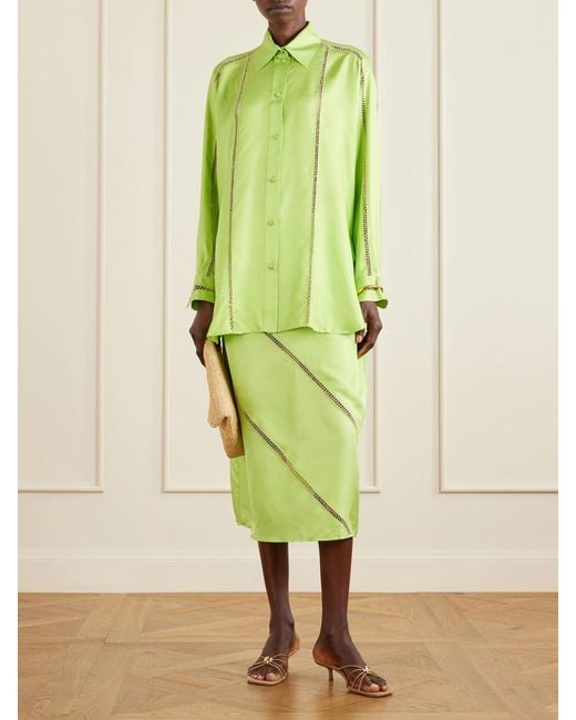 DIOTIMA Green Tobago Embroidered Silk-Satin Midi Skirt