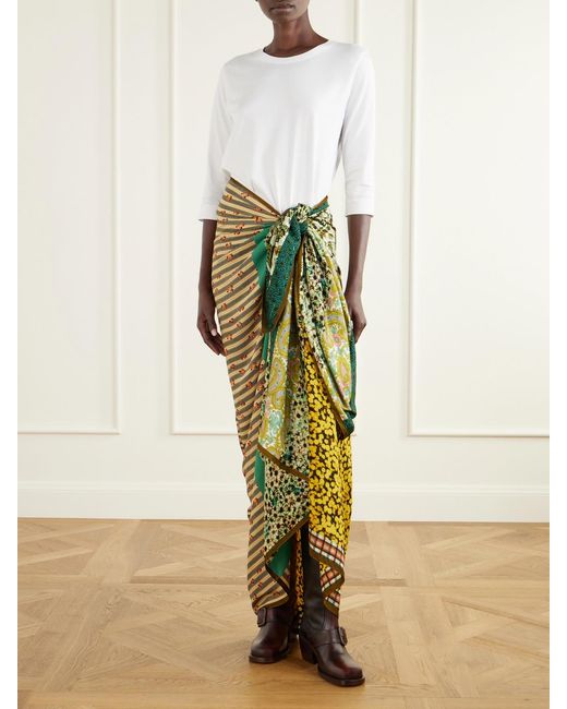 Dries Van Noten Green Floral-Printed Satin Scarf
