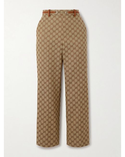 Gucci Natural Belted Cropped Logo-Jacquard Cotton-Blend Canvas Tapered Pants