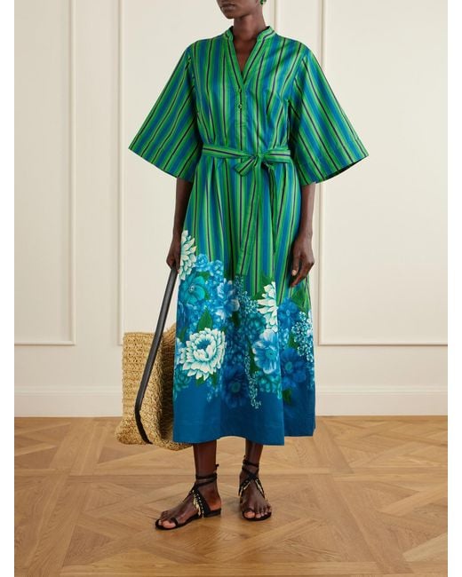 ALÉMAIS Green Margo Belted Striped Floral-Print Organic Cotton-Poplin Midi Dress
